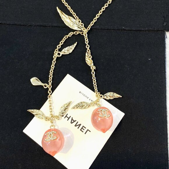 Chanel Gold-Tone Leaf & Pink Crystal Cherry CC Logo Necklace - Picture 1 of 5